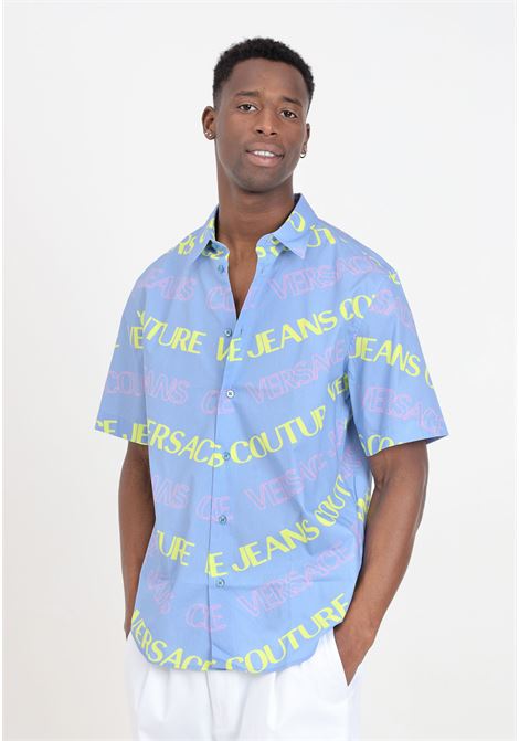 Light blue men's shirt with allover logo lettering in green and fuchsia VERSACE JEANS COUTURE | 76GAL212NS405261